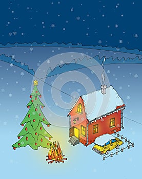 Christmas tree, car and house