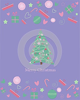 Vector Christmas tree card. Gifts, decorated tree, stars, candies.