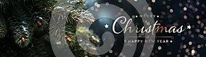 Christmas tree card close-up with tree branches and snow. Merry Xmas background with lights and bokeh. Generative Ai