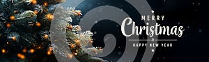 Christmas tree card with illuminated garland and snow. Merry Xmas background with lights and tree branches. Generative Ai