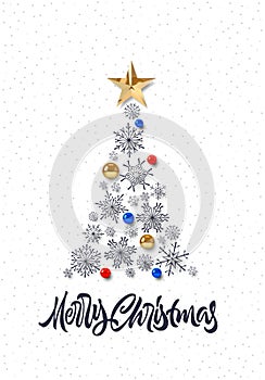 Christmas tree card with snowflakes and baubles. Christmas tree with golden star and balls. Calligraphy greeting poster