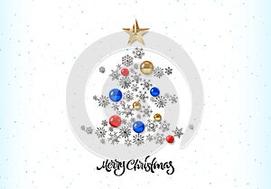 Christmas tree card with snowflakes and baubles. Christmas tree with golden star and balls. Calligraphy greeting poster