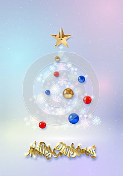 Christmas tree card with snowflakes and baubles. Christmas tree with golden star and balls. Greeting poster for winter