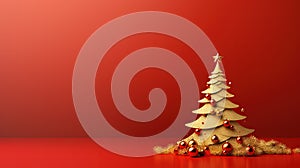 Christmas tree card template with red background. Xmas winter holidays card with fir and golden balls. Generated AI.