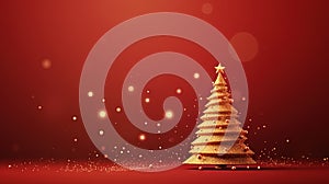 Christmas tree card template with red background. Xmas winter holidays card with fir and golden balls. Generated AI.