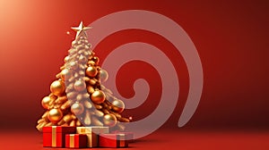 Christmas tree card template with red background. Xmas winter holidays card with fir and golden balls. Generated AI.