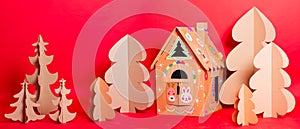 Christmas Tree and Cardboard playhouse Made Of Cardboard. Unique Trees. New Year.