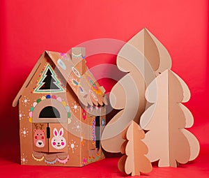 Christmas Tree and Cardboard playhouse Made Of Cardboard. Unique Trees. New Year