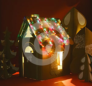 Christmas Tree and Cardboard playhouse Made Of Cardboard. Unique Trees. New Year or Xmas.