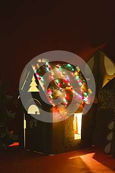 Christmas Tree and Cardboard playhouse Made Of Cardboard. Unique Trees. New Year or Xmas.