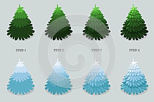 Christmas tree, cartoon design. Vector Christmas trees isolated 4 step by step drawing