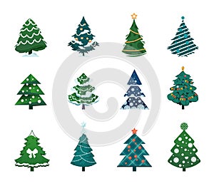 Christmas tree. Cartoon winter holiday fir with Xmas decor, green spruce collection. Snowy forest, invitation and