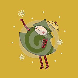 Christmas tree catching snowflake color vector character