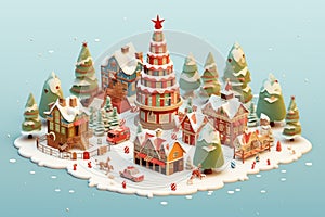 Christmas tree in the center and colorful house village city on snowing road in winter season holiday Generative AI 3D isometric