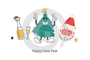 Christmas tree, champagne and Santa claus in trendy retro cartoon style. Merry Christmas and Happy New year greeting card, Groovy