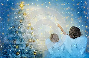 Christmas Tree and Children Looking to Star, Kids with Wings as Xmas Angels in Night