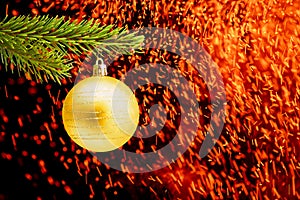 Christmas tree, Christmas balls and flying sparks, celebration background