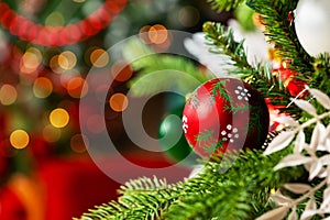 Christmas tree and Christmas decorations with balls and bokeh light