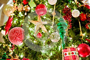 Christmas tree and Christmas decorations, Beautiful decorated christmas tree. Holiday background. Closeup