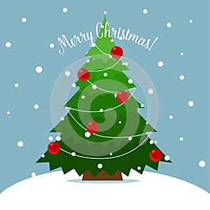 Christmas tree and Christmas decorations. Merry Christmas and Happy New Year background. Vector illustration