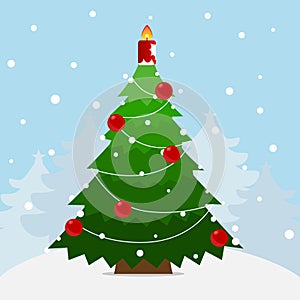 Christmas tree and Christmas decorations. Merry Christmas and Happy New Year background. Vector illustration