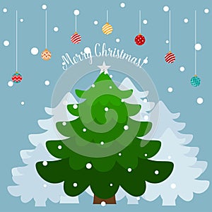 Christmas tree and Christmas decorations. Merry Christmas and Happy New Year background. Vector illustration