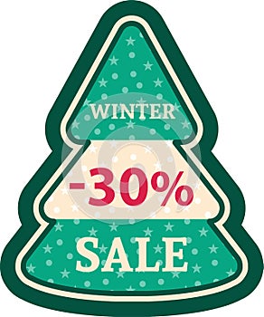 Christmas tree. Christmas sticker vector illustration. Label with snow pattern