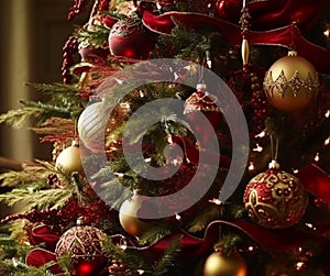 Christmas tree with classic ornaments and decorations, English country house and cottage style, Merry Christmas and