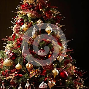 Christmas tree with classic ornaments and decorations, English country house and cottage style, Merry Christmas and