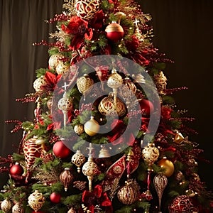 Christmas tree with classic ornaments and decorations, English country house and cottage style, Merry Christmas and Happy Holidays