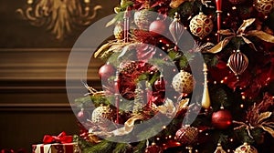 Christmas tree with classic ornaments and decorations, English country house and cottage style, Merry Christmas and Happy Holidays