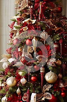 Christmas tree with classic ornaments and decorations, English country house and cottage style, Merry Christmas and Happy Holidays