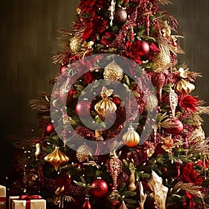 Christmas tree with classic ornaments and decorations, English country house and cottage style, Merry Christmas and Happy Holidays