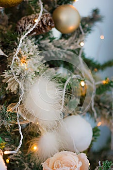 Christmas tree close-up with fluffy decoration