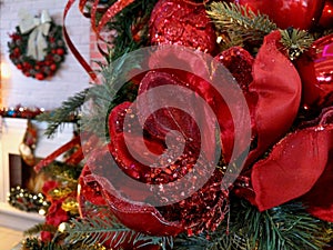 Christmas tree closeup and fire place background