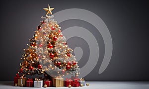 christmas tree with colorful christmas ball decorations, gifts, on grey background and space for copy,