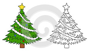 Christmas tree colorful and black and white. Christmas tree vector illustration isolated on white background. Coloring book page
