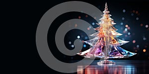 Christmas tree from colorful glass against bokeh lights. Banner with free spacy on black background