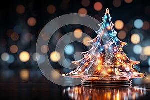 Christmas tree from colorful glass against bokeh lights on black background. Desing for web, print,