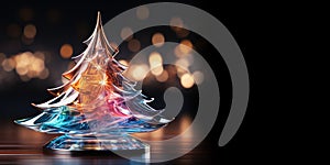Christmas tree from colorful glass against bokeh lights on black background. Free spacy. Banner