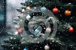 a christmas tree with colorful ornaments in the snow