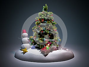 Christmas tree with colorful toys 3d render on darck blue background