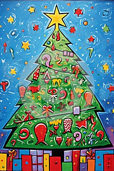 Christmas tree in comic style, very detailed. Vibrant colors