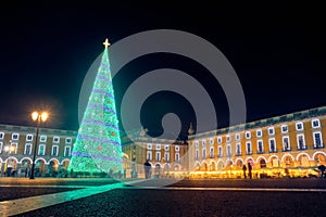 Christmas tree at Commerce Square at night in Lisbon