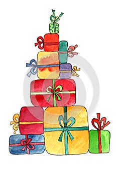 Christmas tree concept made of gifts in festive packaging, watercolor drawing on white background