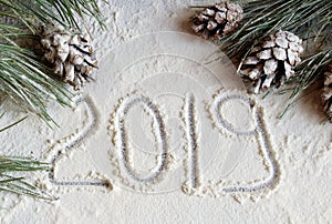 Christmas tree and cones in the snow on a gray background and snow for the New Year`s greeting card with numbers 2019