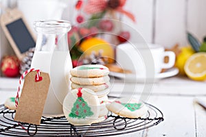 Christmas tree cookies with milk