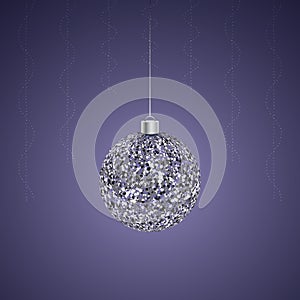 Christmas tree crystal ball. Silver colored glass toy. Bubble ornament. Colored vector illustration. Isolated purple background.