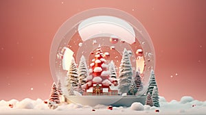 Christmas tree in crystal snow ball on pink background