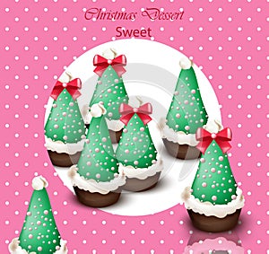 Christmas tree cupcakes Vector card. Retro dotted backgrounds